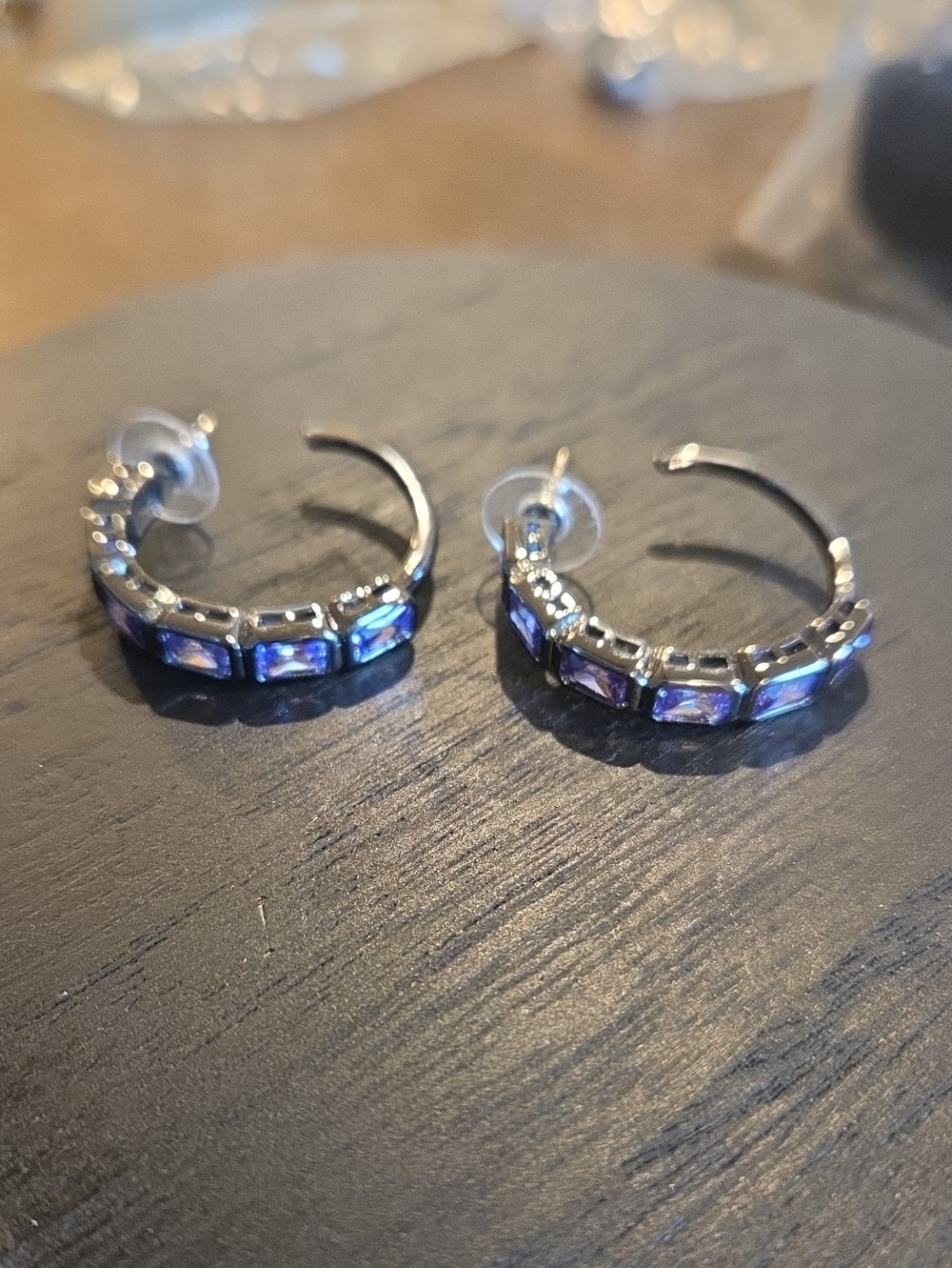 Iridescent Gunmetal and Purple-Blue Hoop Earrings with Rectangular Stones